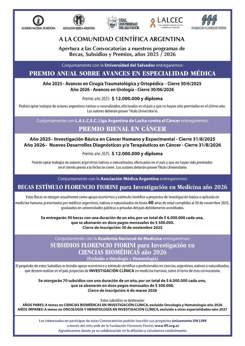 FUNDACIÓN FLORENCIO FIORINI - CONVOCATORIAS 2025/2026 a Premios, Becas y Subsidios en Investigación en Medicina